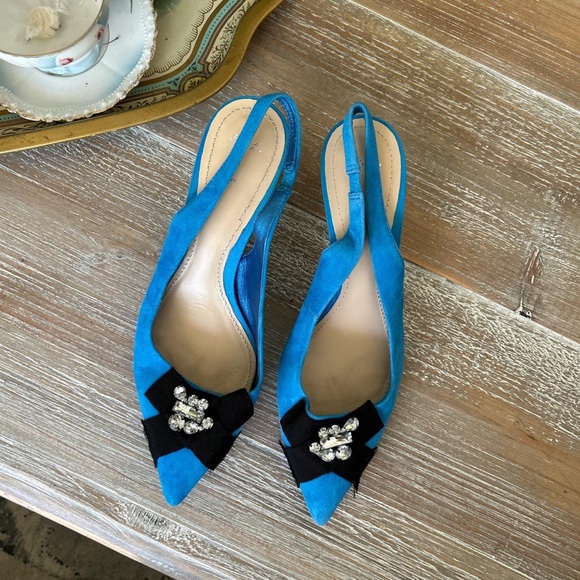 Size 8 Zara blue faux-suede kitten pointed toe heels black ribbon & rhinestone - Picture 2 of 8